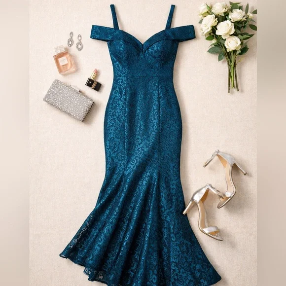 R&M Richards Peacock Blue Lace Off Shoulder Gown 10 NWT Formal Mermaid Dress - Picture 3 of 5